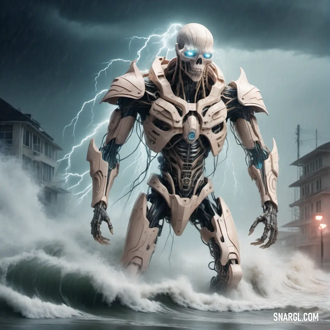 Robot standing in the middle of a storm with lightning in the background. Example of CMYK 0,10,7,5 color.