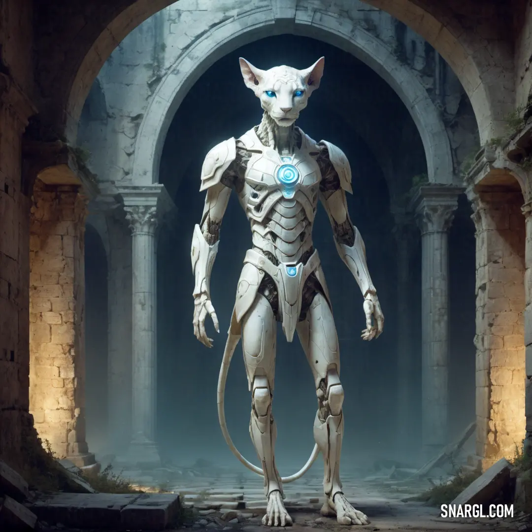 Cat - like creature in a futuristic city setting with a glowing light in its eyes. Example of NCS S 0907-R70B color.