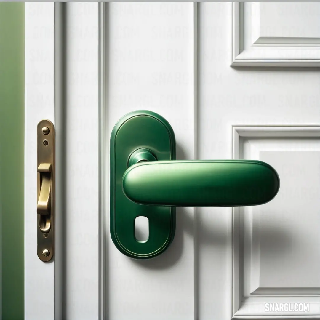 Green door handle on a white door with a green handle on it. Color #EBECF1.
