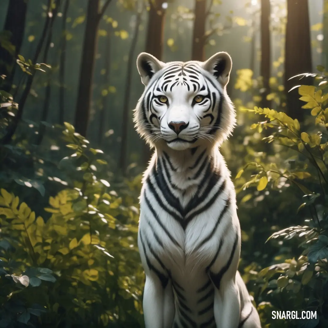 White tiger in the middle of a forest with trees and bushes around it's edges and a bright light shining on the tiger face