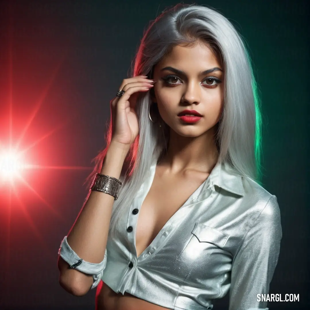 NCS S 0907-R70B color. Woman with long white hair and a silver shirt on posing for a picture with a red light behind her