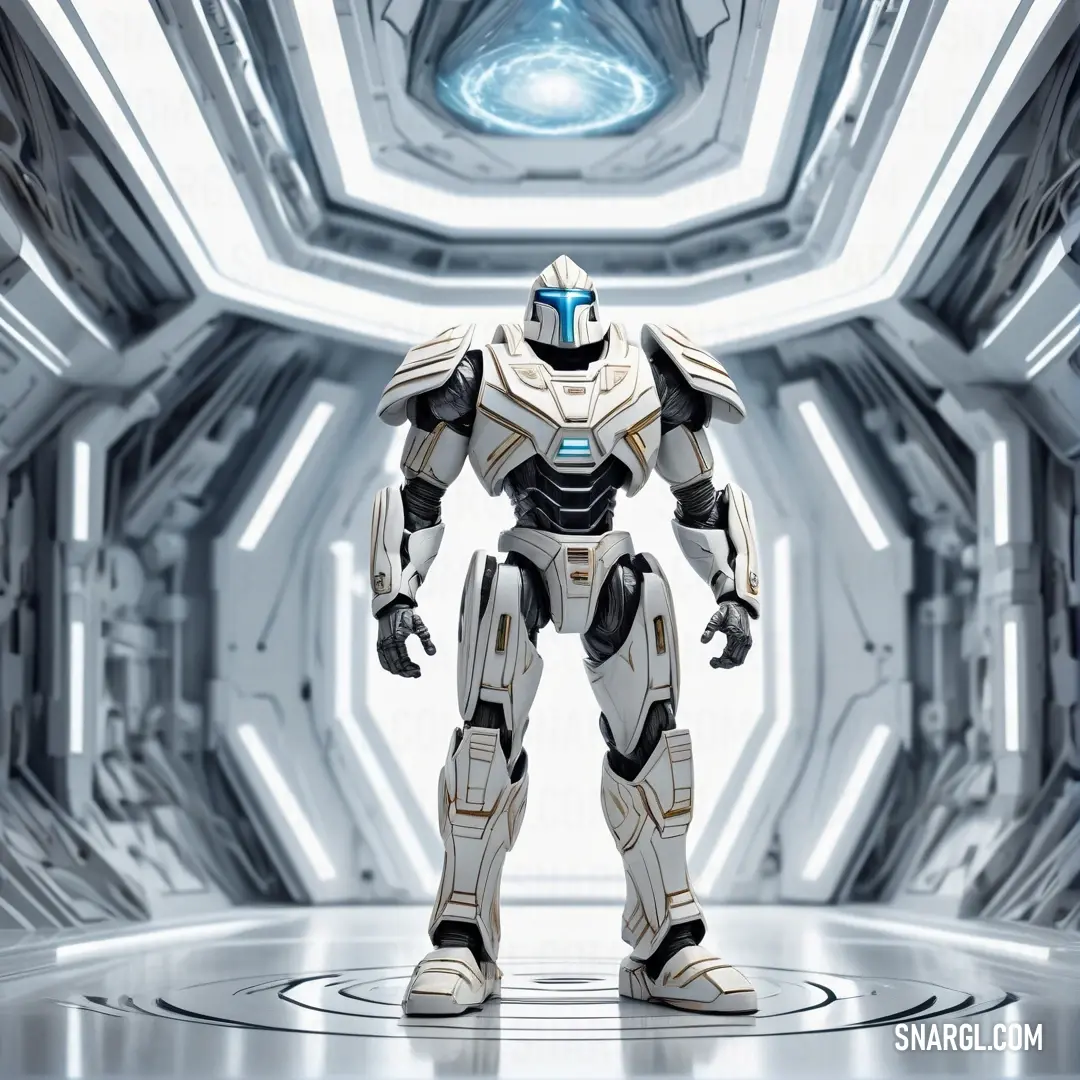 Robot standing in a futuristic space station with a bright light coming from behind it and a circular doorway in the background