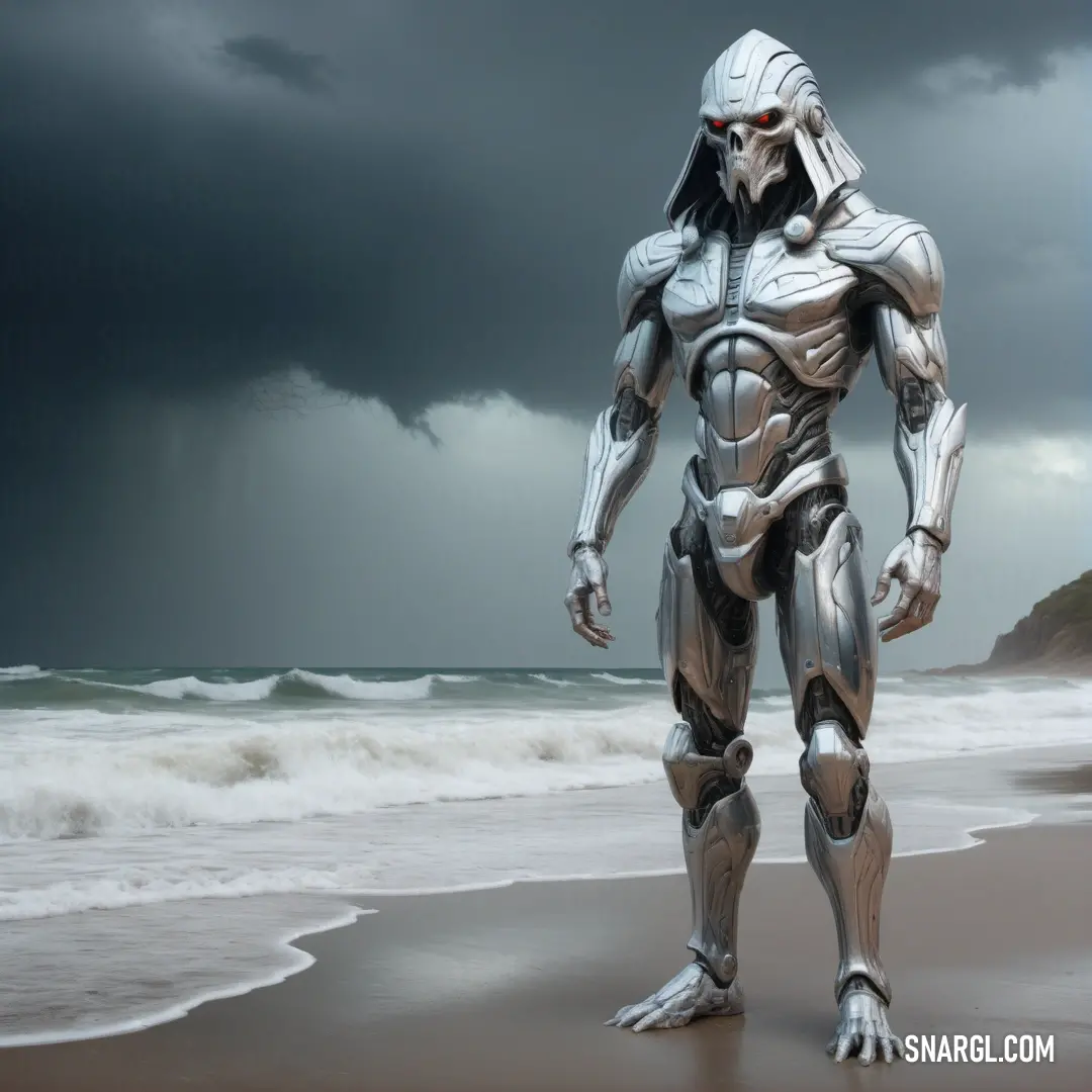 NCS S 0907-R90B color example: Robot standing on a beach in front of a storm filled sky