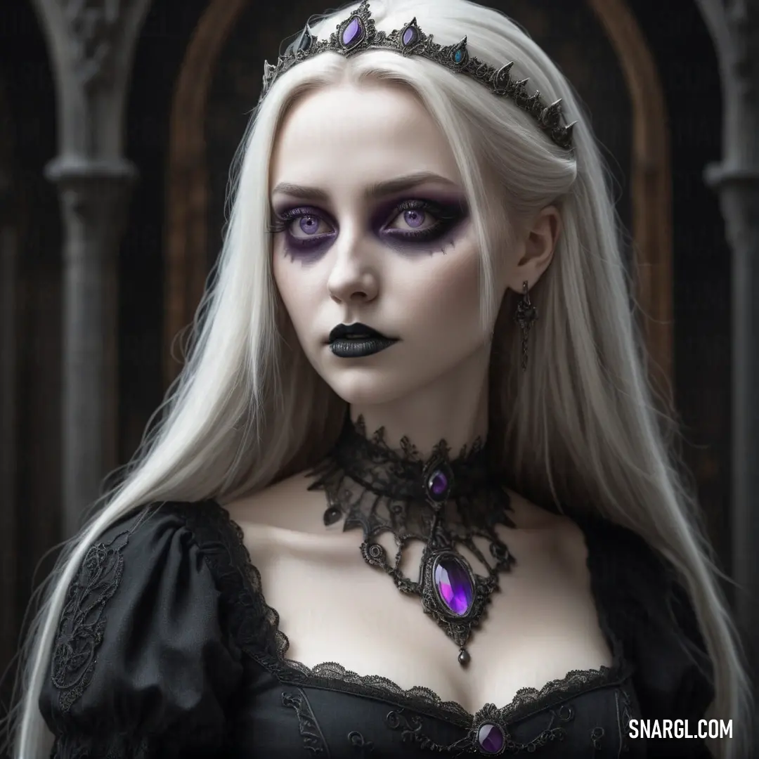 Woman with white hair and purple makeup wearing a black dress and a gothic necklace and choker. Example of RGB 229,235,238 color.