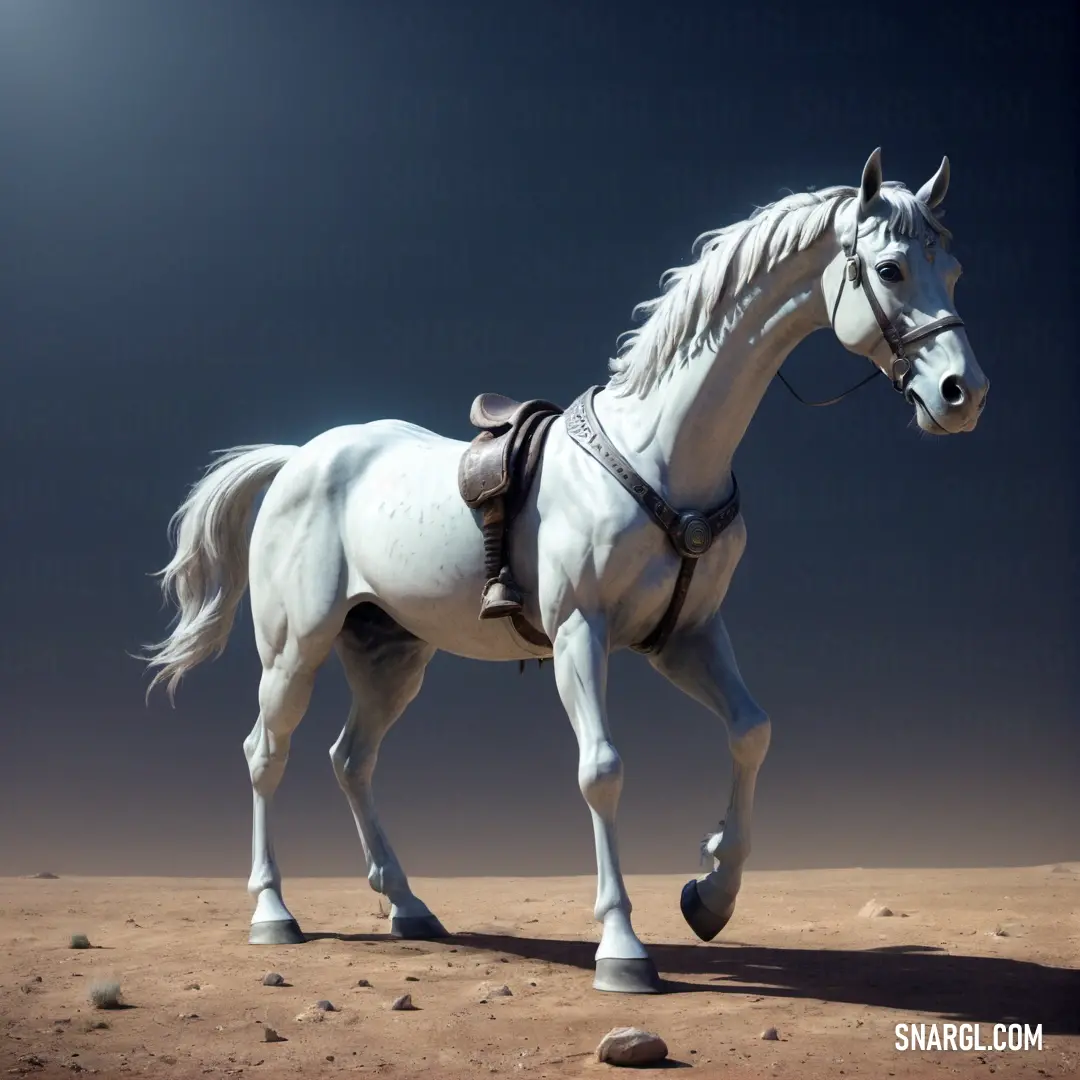 White horse with a saddle is trotting in the desert under a full moon sky. Color RGB 229,235,238.