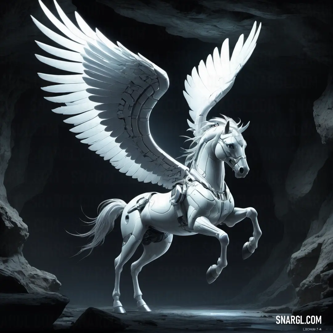 White horse with wings on its back in a cave with a black background. Example of CMYK 5,0,0,8 color.