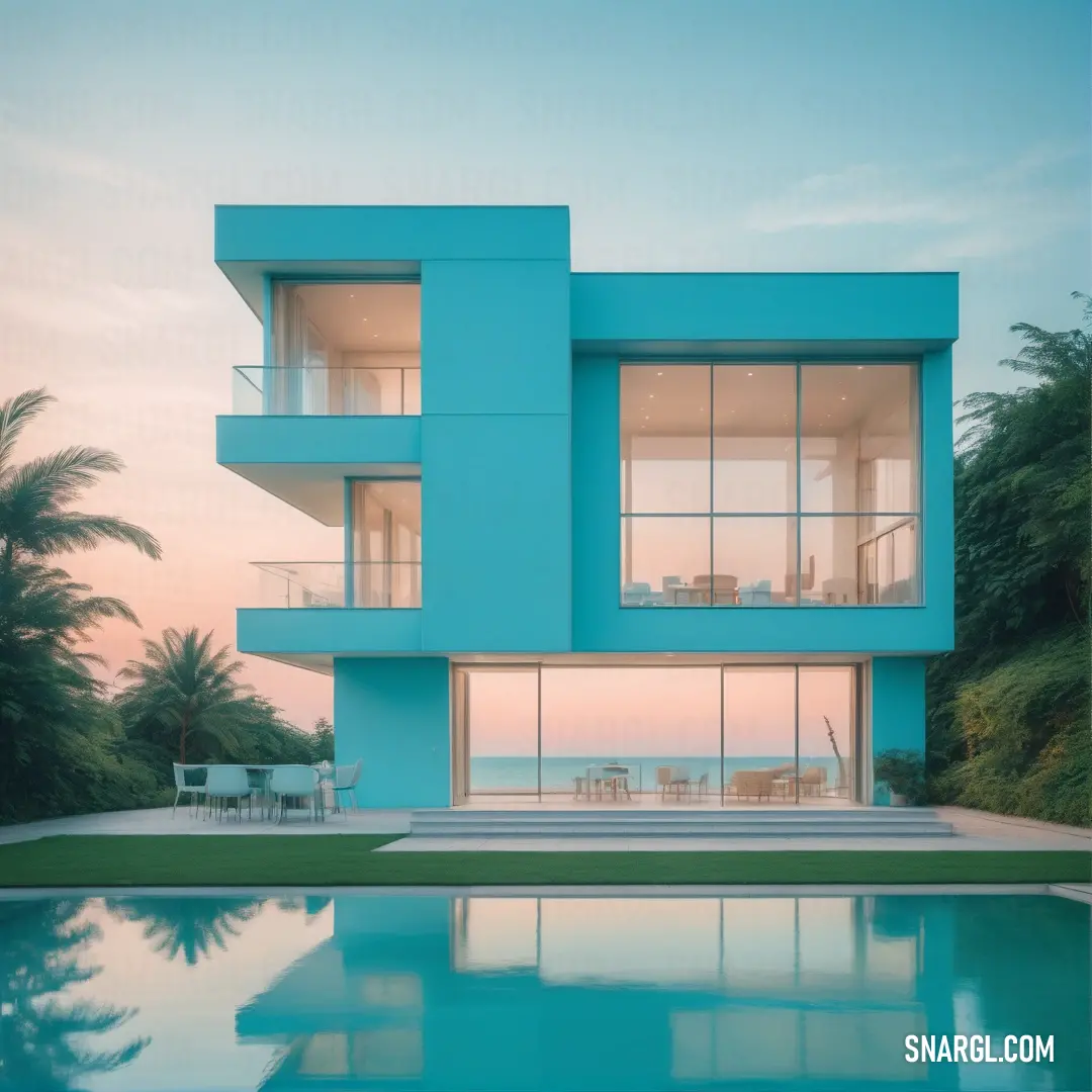 Large blue building with a pool in front of it. Example of NCS S 0907-Y10R color.