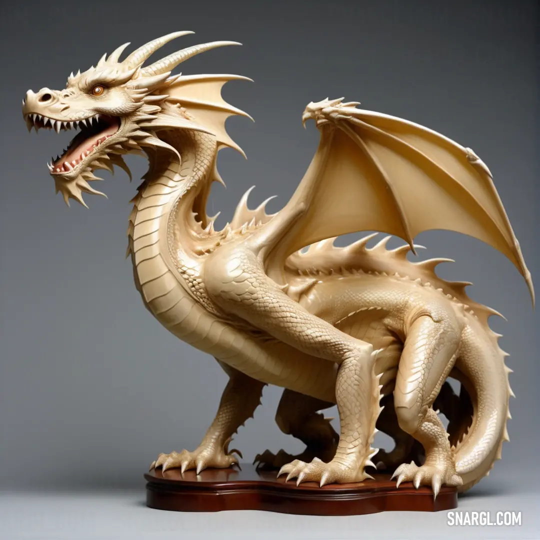NCS S 0907-Y30R color example: Golden dragon statue on a wooden base on a gray background