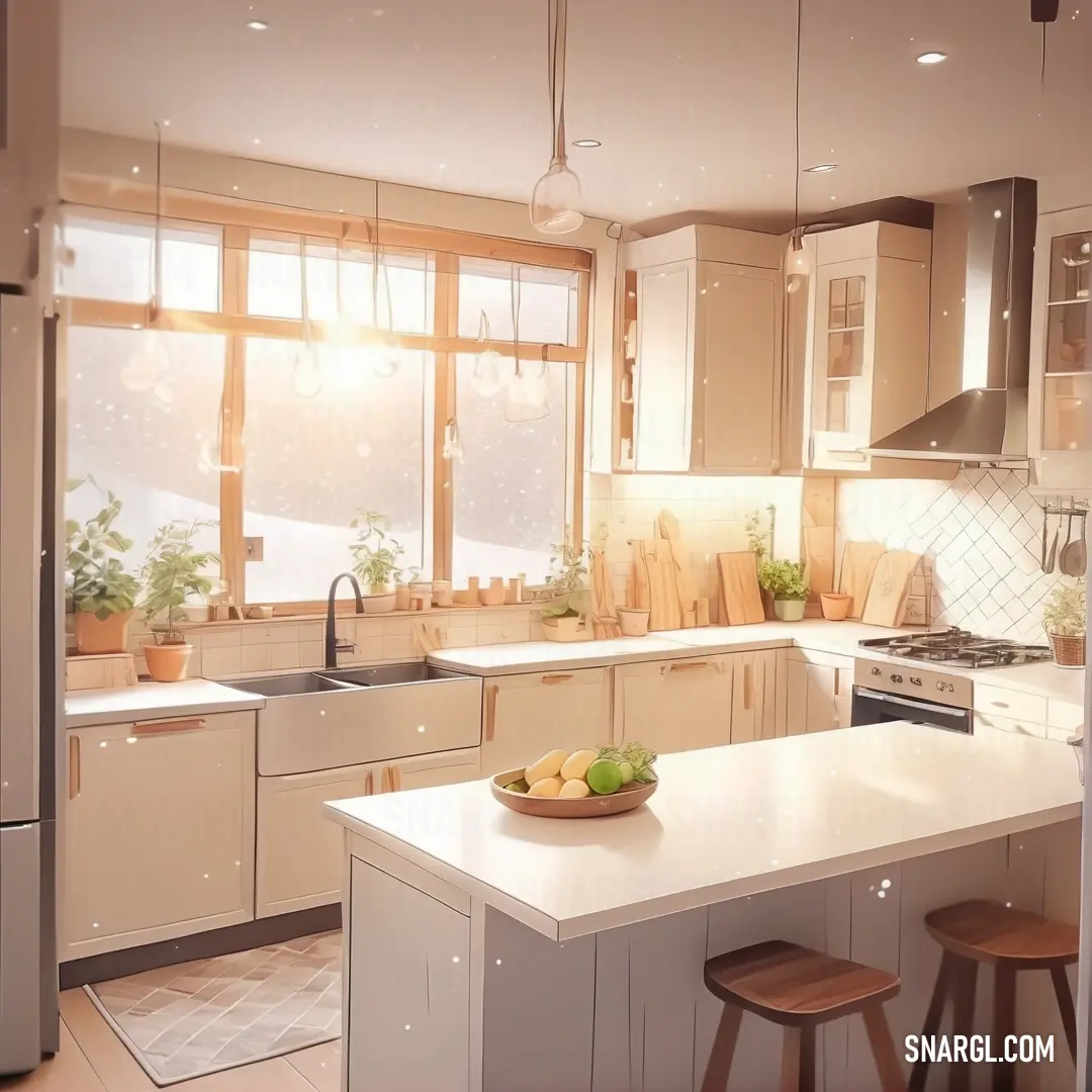 Kitchen with a bowl of fruit on the counter and a window with a view of the outside of the room. Example of #F9ECD2 color.