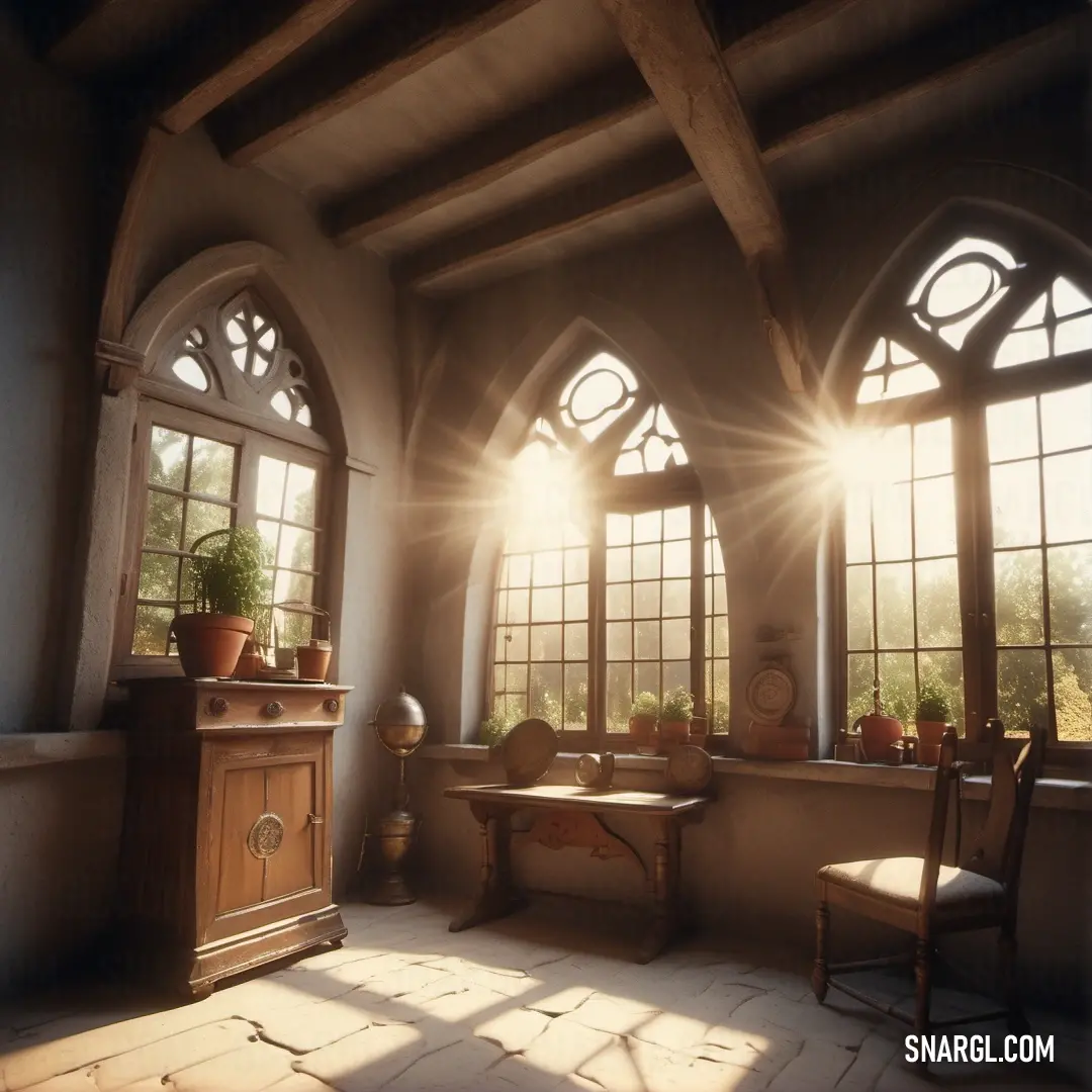 Room with a table and chairs and windows with sunlight coming through them and a table with a potted plant on it