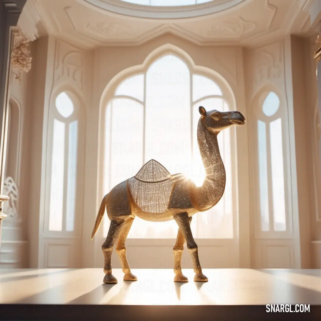 Toy camel is standing in front of a window in a room with arched windows and a ceiling fan. Color NCS S 0907-Y50R.