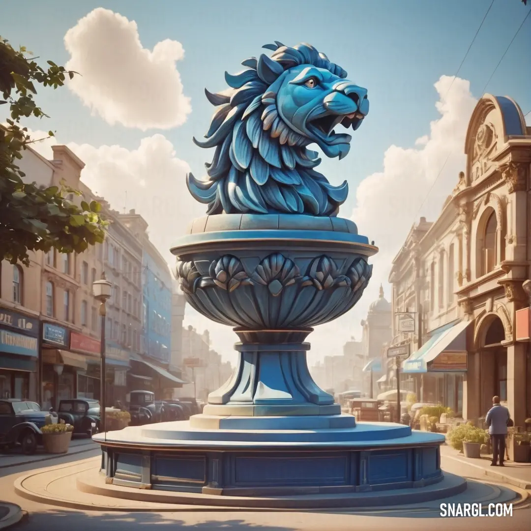 Statue of a lion on a pedestal in a city street with buildings and cars in the background. Example of NCS S 0907-Y50R color.