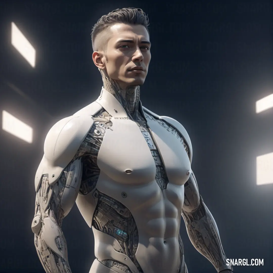 Man with a futuristic body and tattoos on his chest. Color RGB 252,237,227.