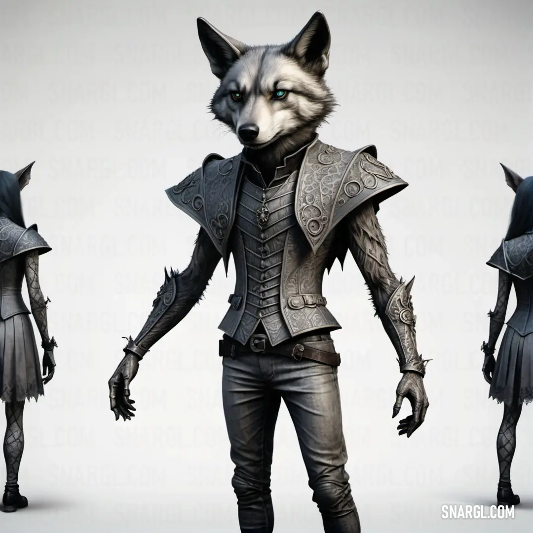 NCS S 1000-N color example: Wolf in a suit and armor standing next to another wolf in a suit