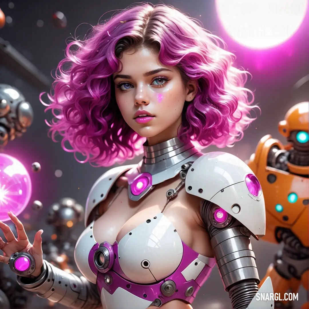 Woman in a futuristic suit with pink hair and a robot suit on her chest and arms outstretched. Example of NCS S 1000-N color.