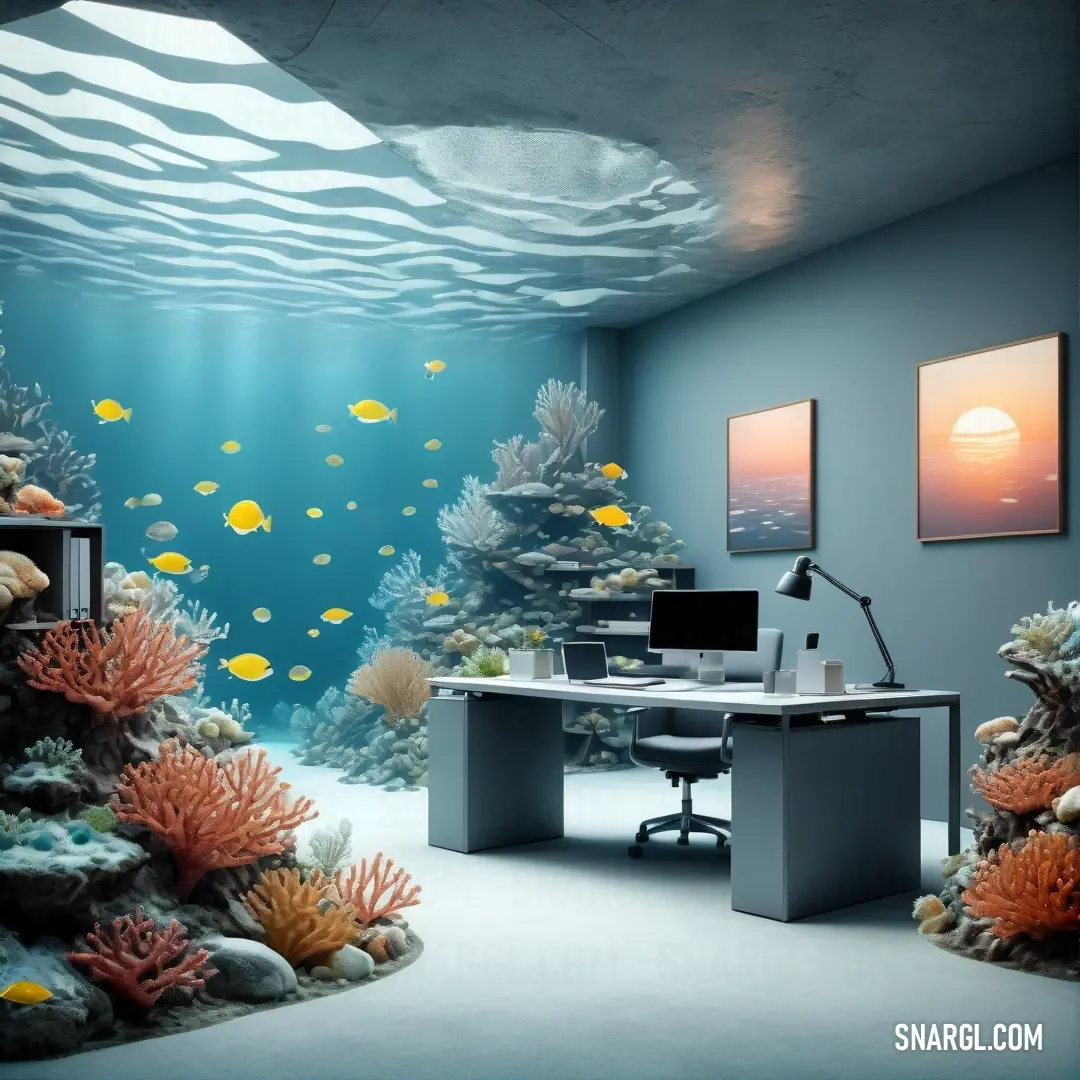 Room with a desk and a computer on it with a fish tank in the background. Example of #E3E8EA color.
