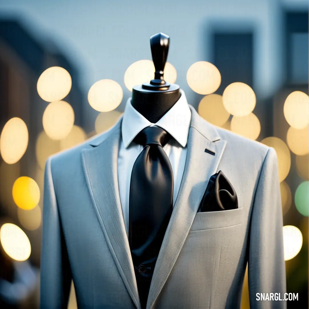 Suit and tie on a mannequin in a store window display case with lights in the background. Color NCS S 1002-B.
