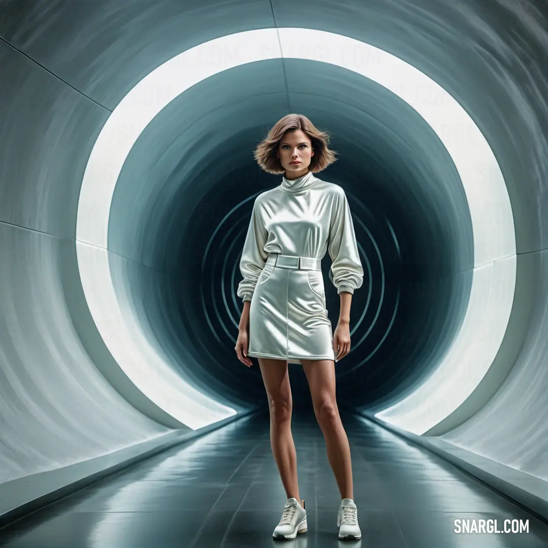 Woman in a white dress is standing in a tunnel. Example of NCS S 1002-B color.
