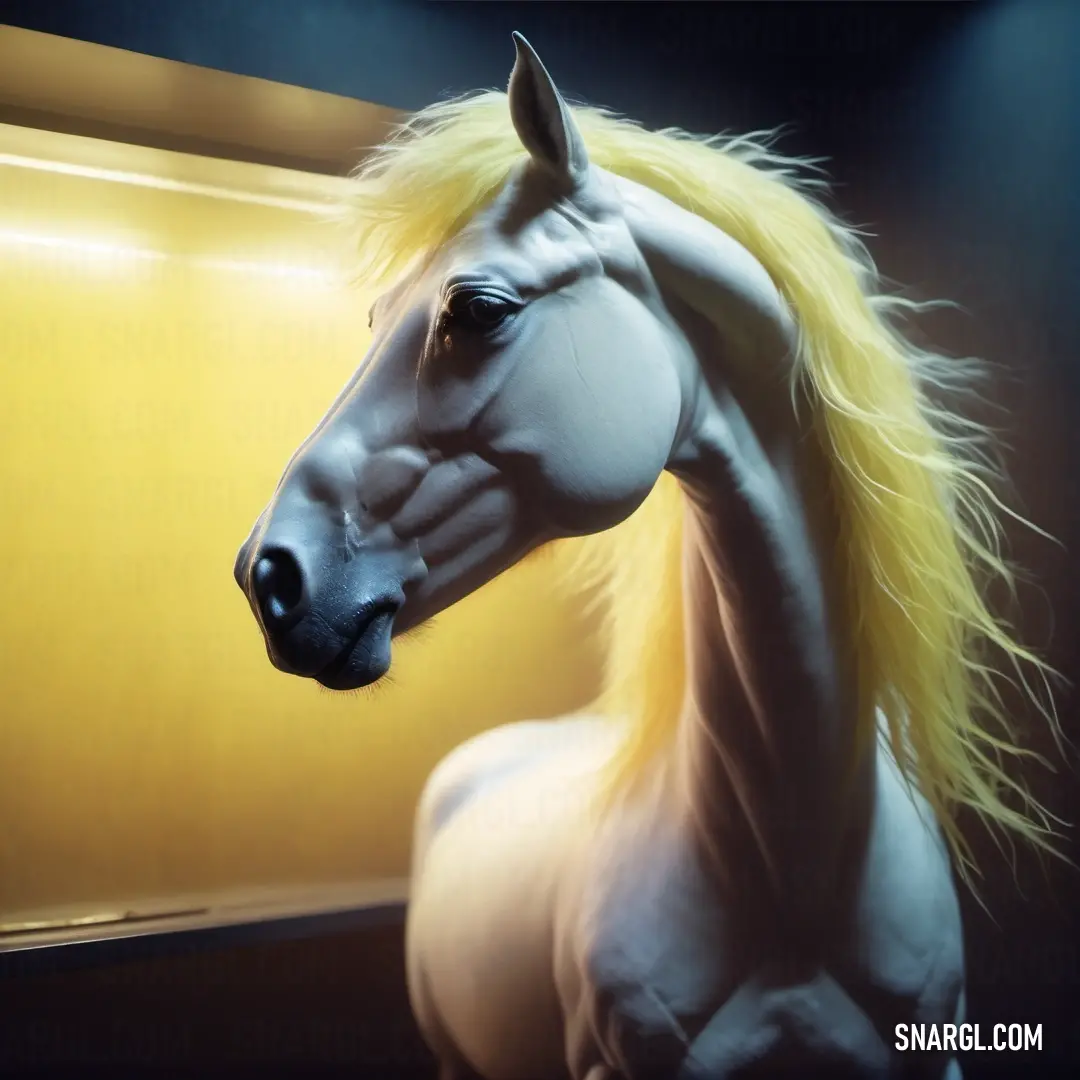 Horse with a yellow mane standing next to a wall with a mirror behind it. Color CMYK 4,0,5,8.