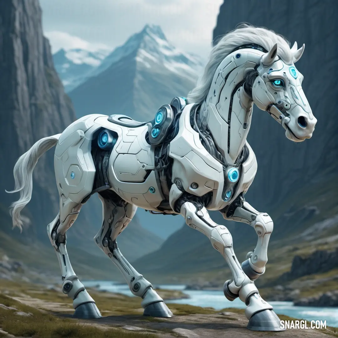 White horse with blue eyes and a white mane is standing in a mountainous area with mountains in the background