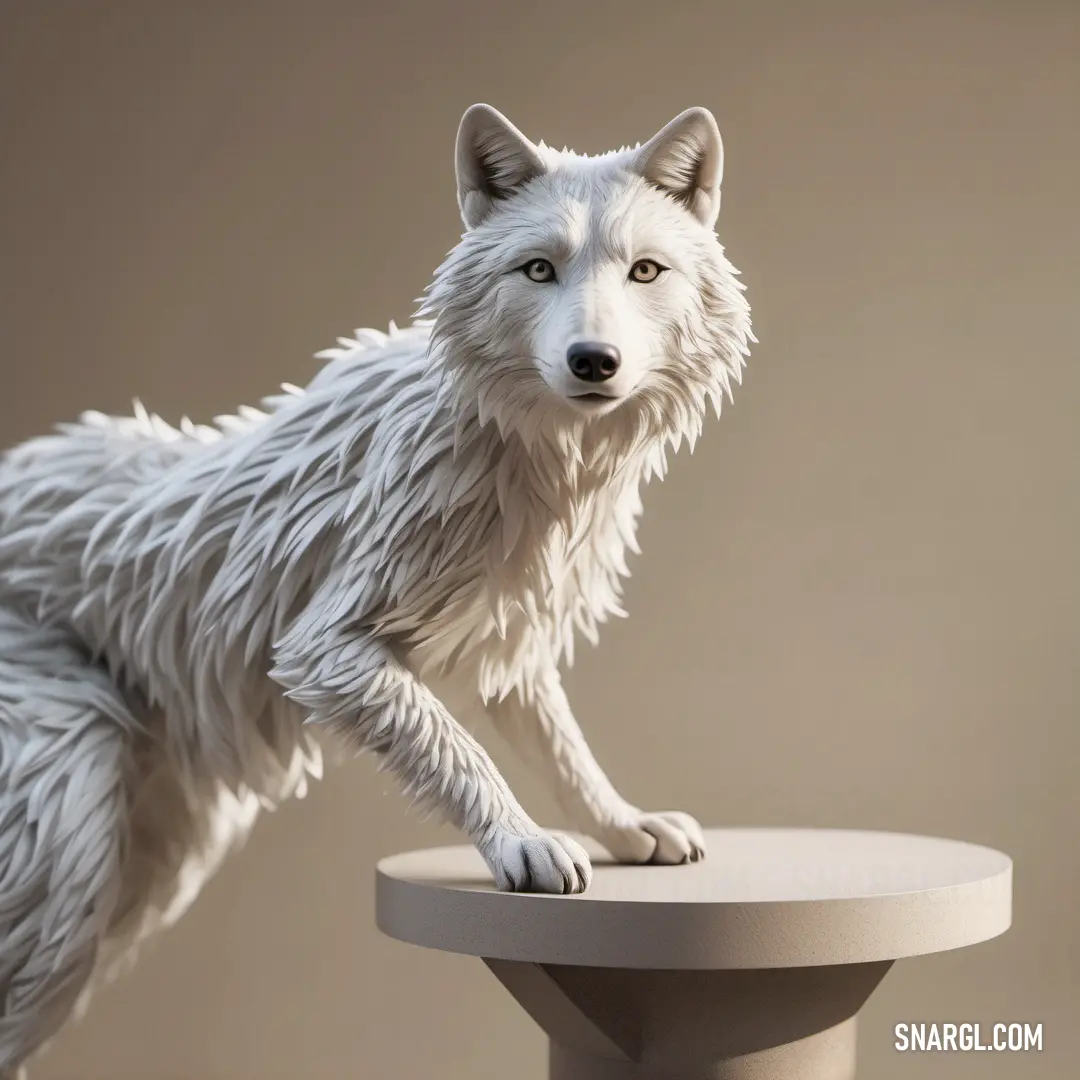 White wolf statue on top of a table top with a brown background. Example of NCS S 1002-G50Y color.