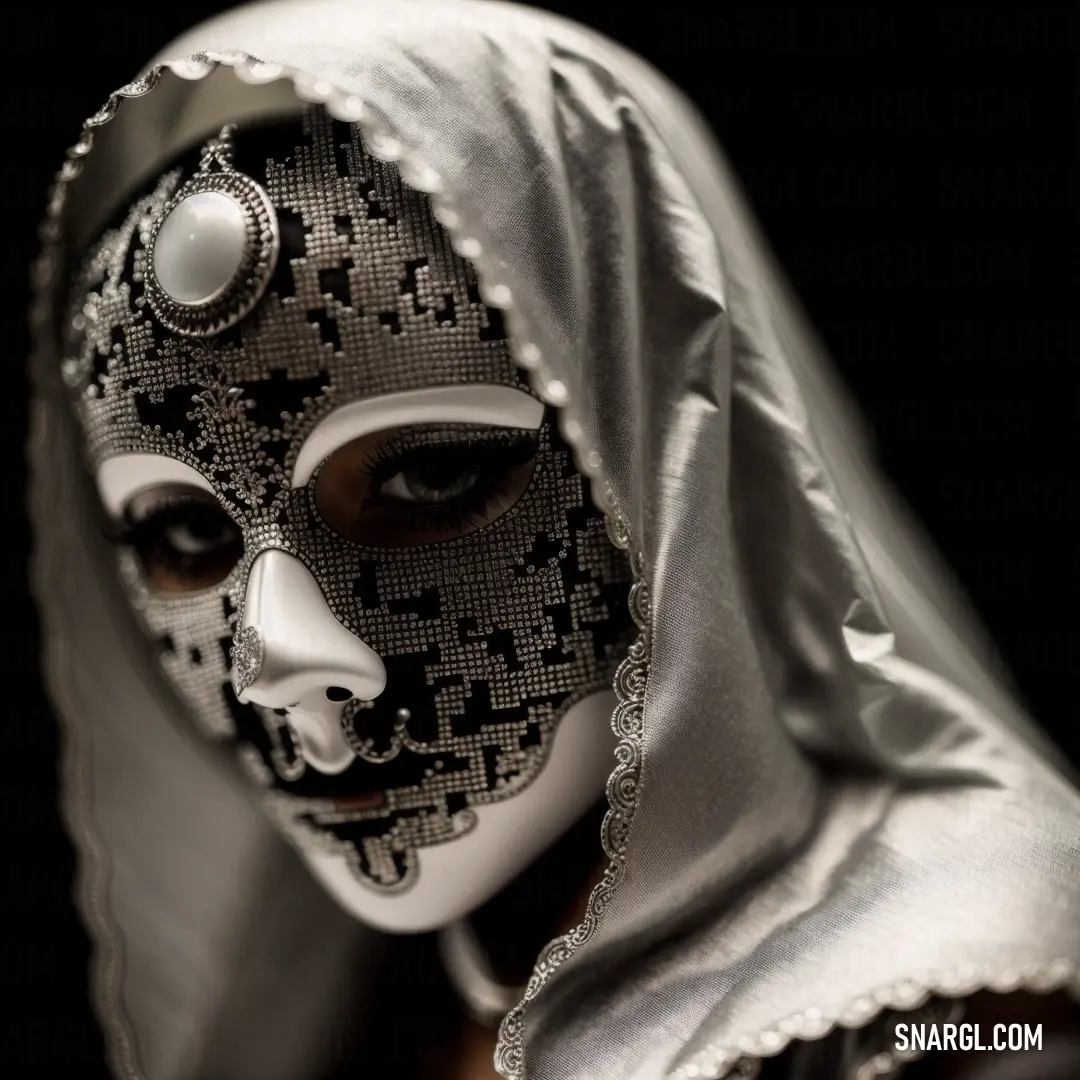 NCS S 1002-R color. Woman wearing a white mask and a silver veil with a skull on it's head