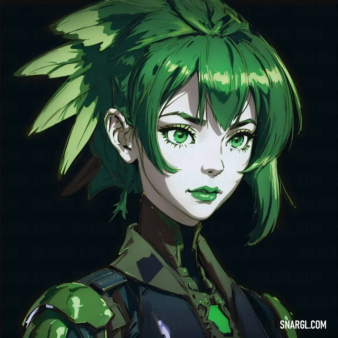 NCS S 1002-R color. Woman with green hair and green eyes wearing a green outfit and green hair with green leaves on her head