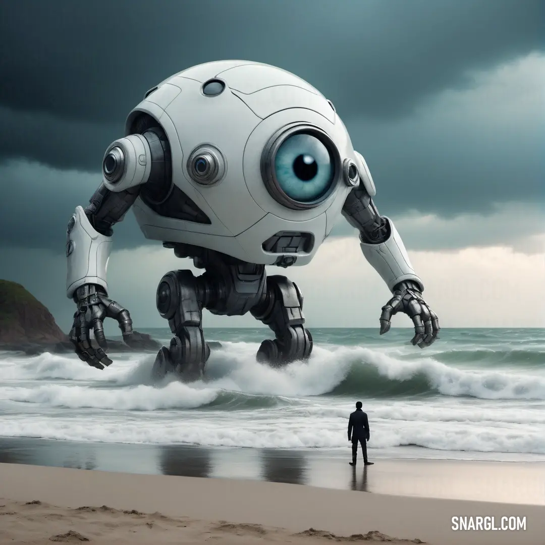 Man standing on a beach next to a robot on the ocean shore. Color NCS S 1002-R50B.