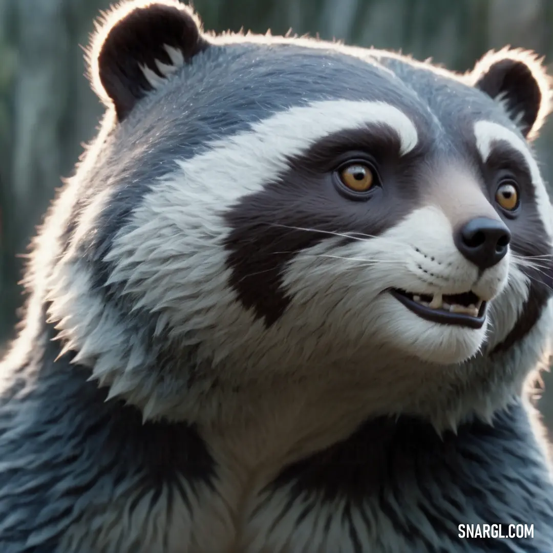 NCS S 1002-R50B color. Raccoon with a big smile on its face and chest, standing in front of a forest
