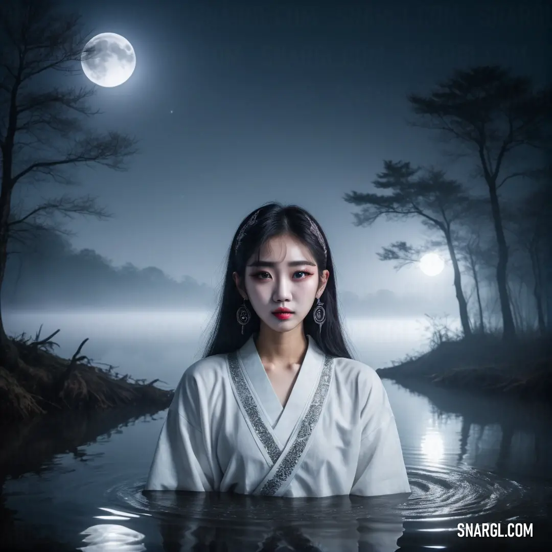 Woman in a white dress standing in water with a full moon in the background. Example of #E1E2E5 color.