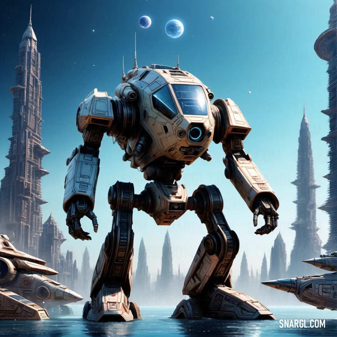 Robot standing in front of a futuristic city with a futuristic city in the background and a blue sky. Color NCS S 1002-Y50R.