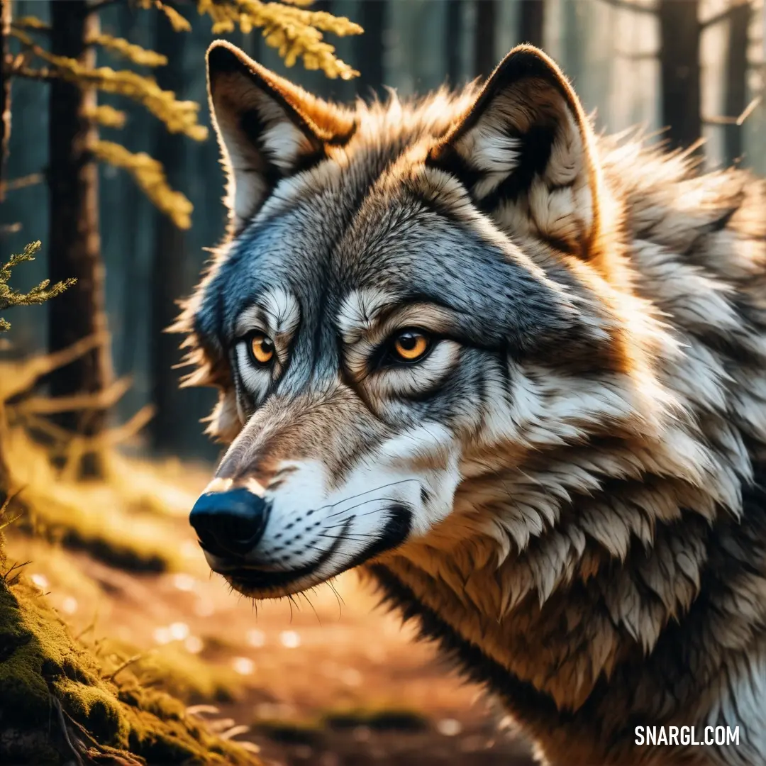 Wolf standing in a forest with trees and grass in the background and a path leading to it