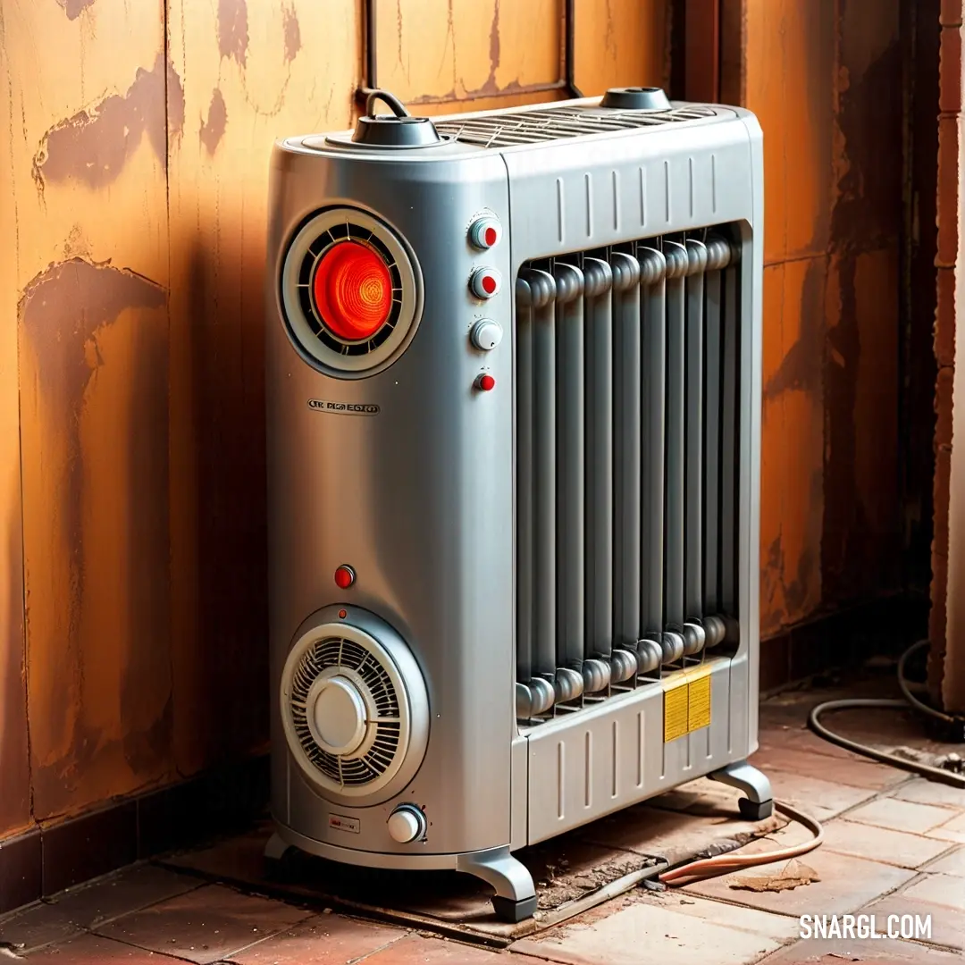 Heater on the ground next to a wall with a red light on it's side, Dahlov Ipcar. Color CMYK 5,0,1,10.