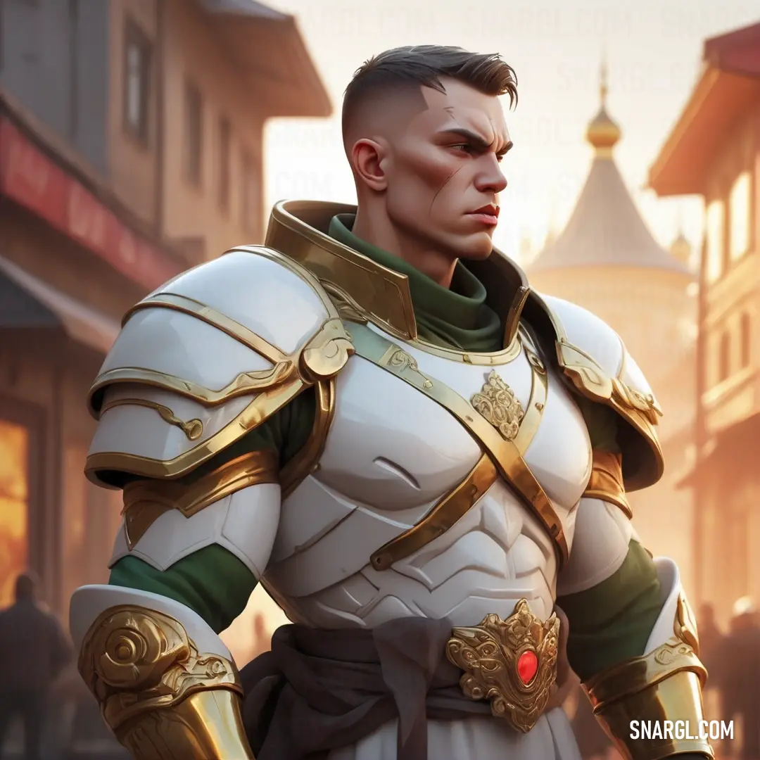 Man in a white suit and gold armor standing in a street with buildings in the background. Color #E1E7E9.