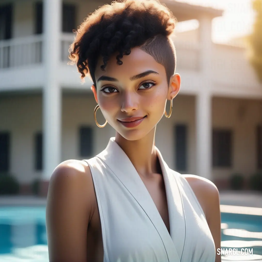 Woman with a short haircut standing in front of a pool with a house in the background. Color NCS S 1005-B.