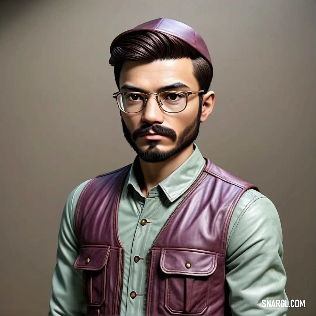 NCS S 1005-G20Y color example: Man with glasses and a beard wearing a leather vest and a hat with a leather cap on his head