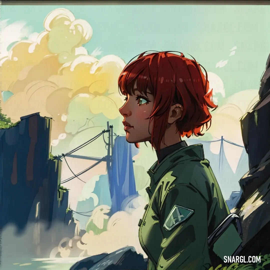NCS S 1005-G20Y color example: Woman in a green uniform looking at a city with smoke coming out of it