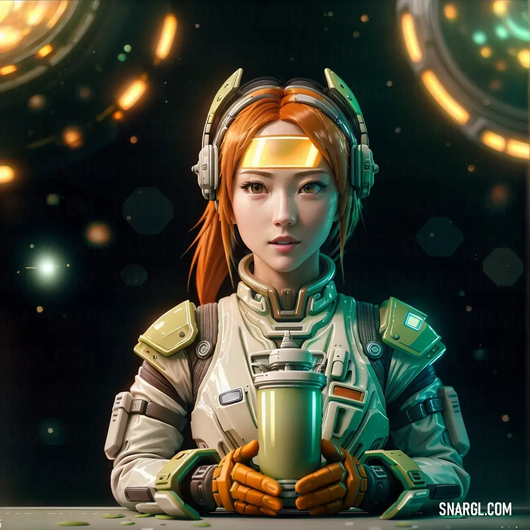 Woman in a space suit holding a cup of coffee with a futuristic background. Example of NCS S 1005-G20Y color.