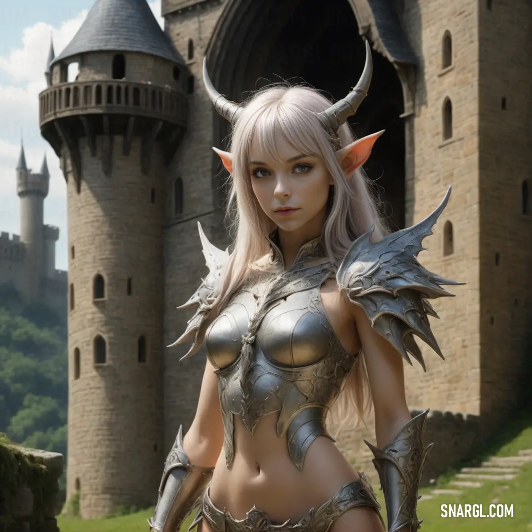 Woman in a costume standing in front of a castle with a giant horn on her head and a huge horned head. Example of RGB 239,228,222 color.