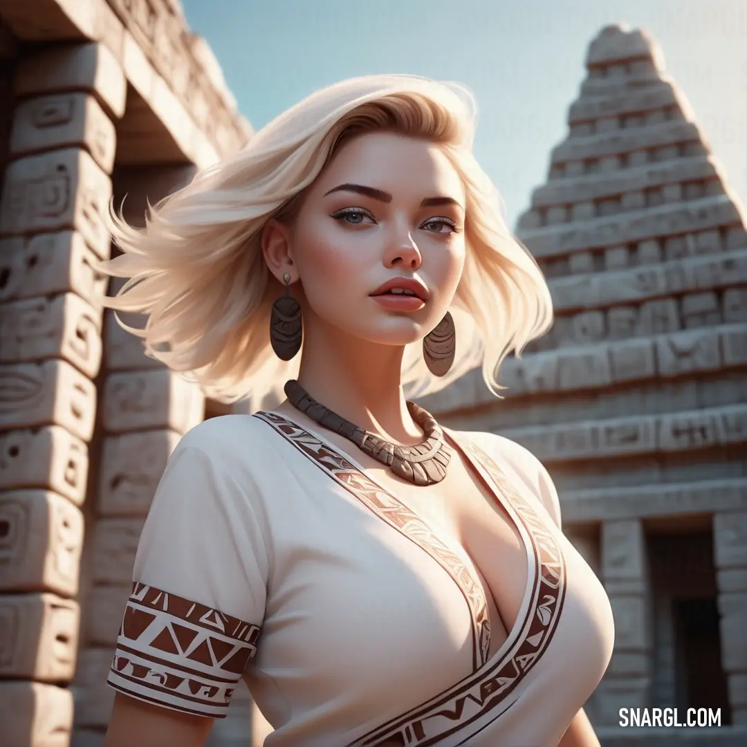 Woman with blonde hair and a necklace standing in front of a stone structure with a sun in the background. Example of RGB 239,228,222 color.