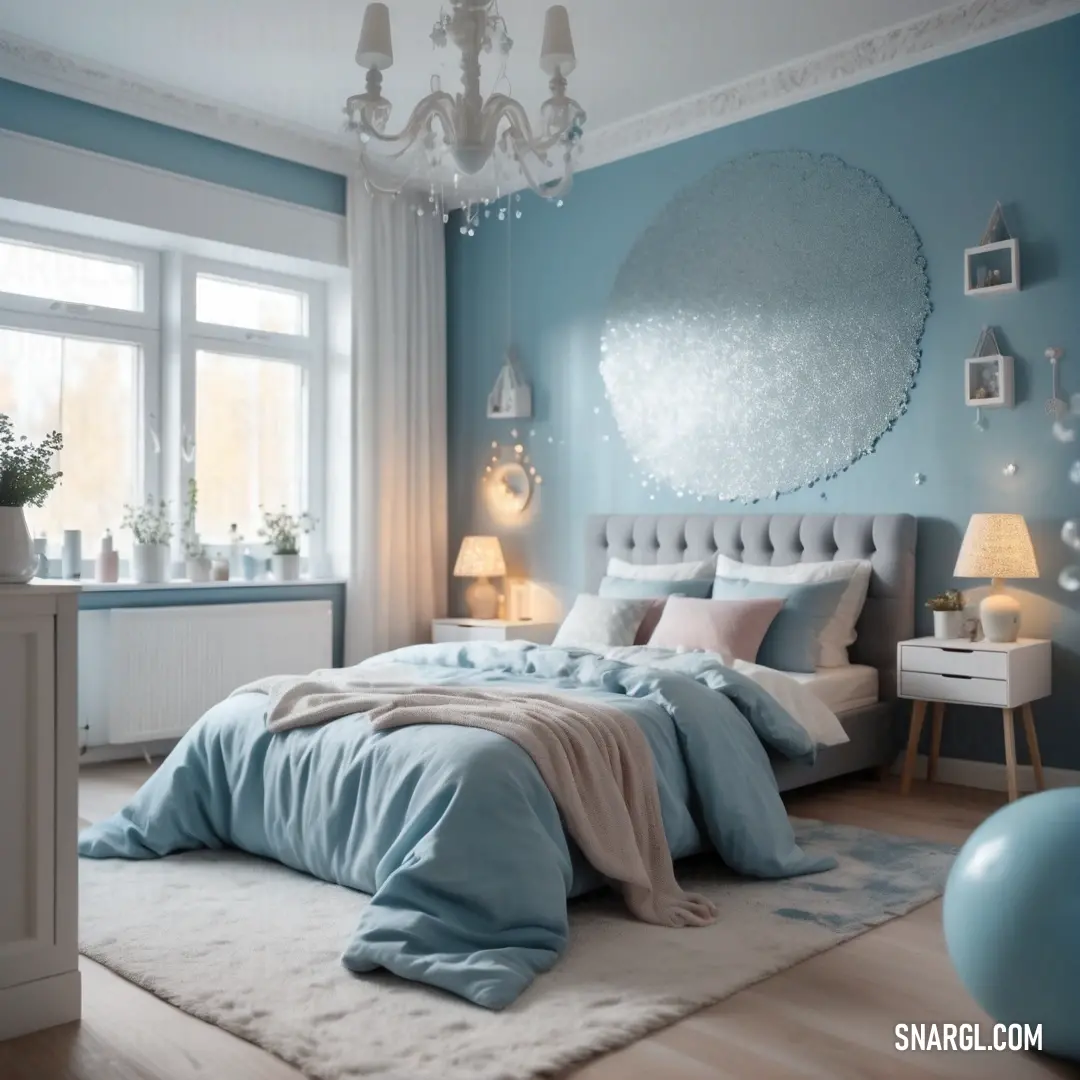 Bedroom with a bed, a chandelier and a large window with a sky blue wall. Example of RGB 237,227,224 color.