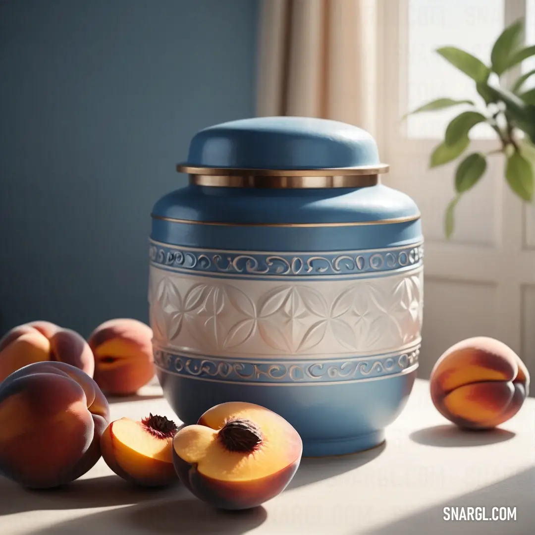 NCS S 1005-R20B color. Blue and white vase on top of a table next to peaches and a potted plant