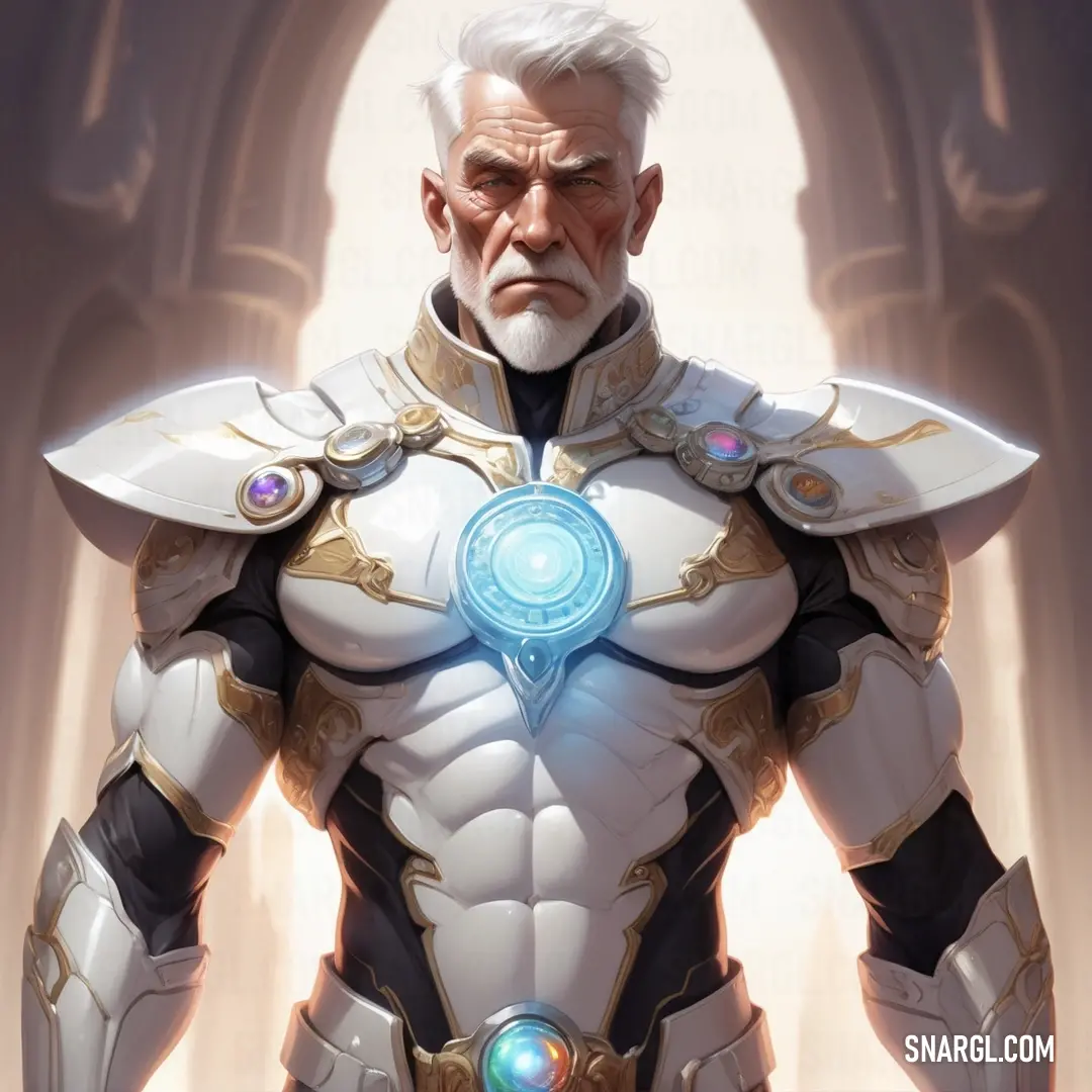 Man in armor with a glowing light on his chest. Color RGB 241,232,232.