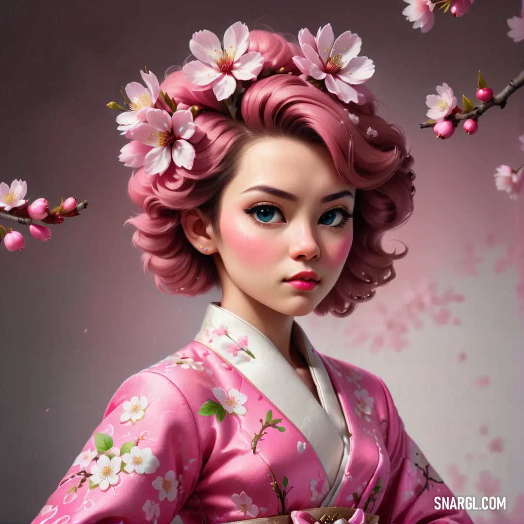 NCS S 1005-R30B color example: Woman with pink hair and a pink kimono with flowers on it
