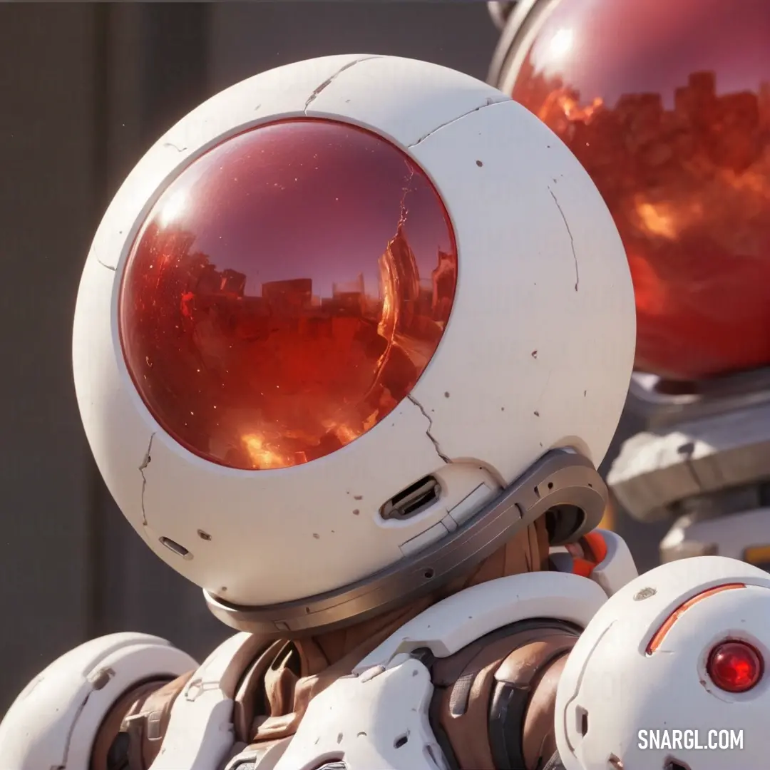 Robot with a red light on its head and a white helmet on its back with a city in the background. Example of #F1E8E8 color.
