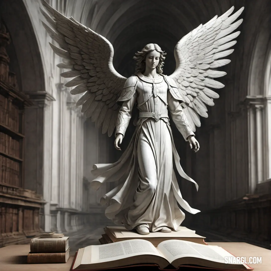 Statue of an angel standing on a book in a library. Color #E8E2E6.