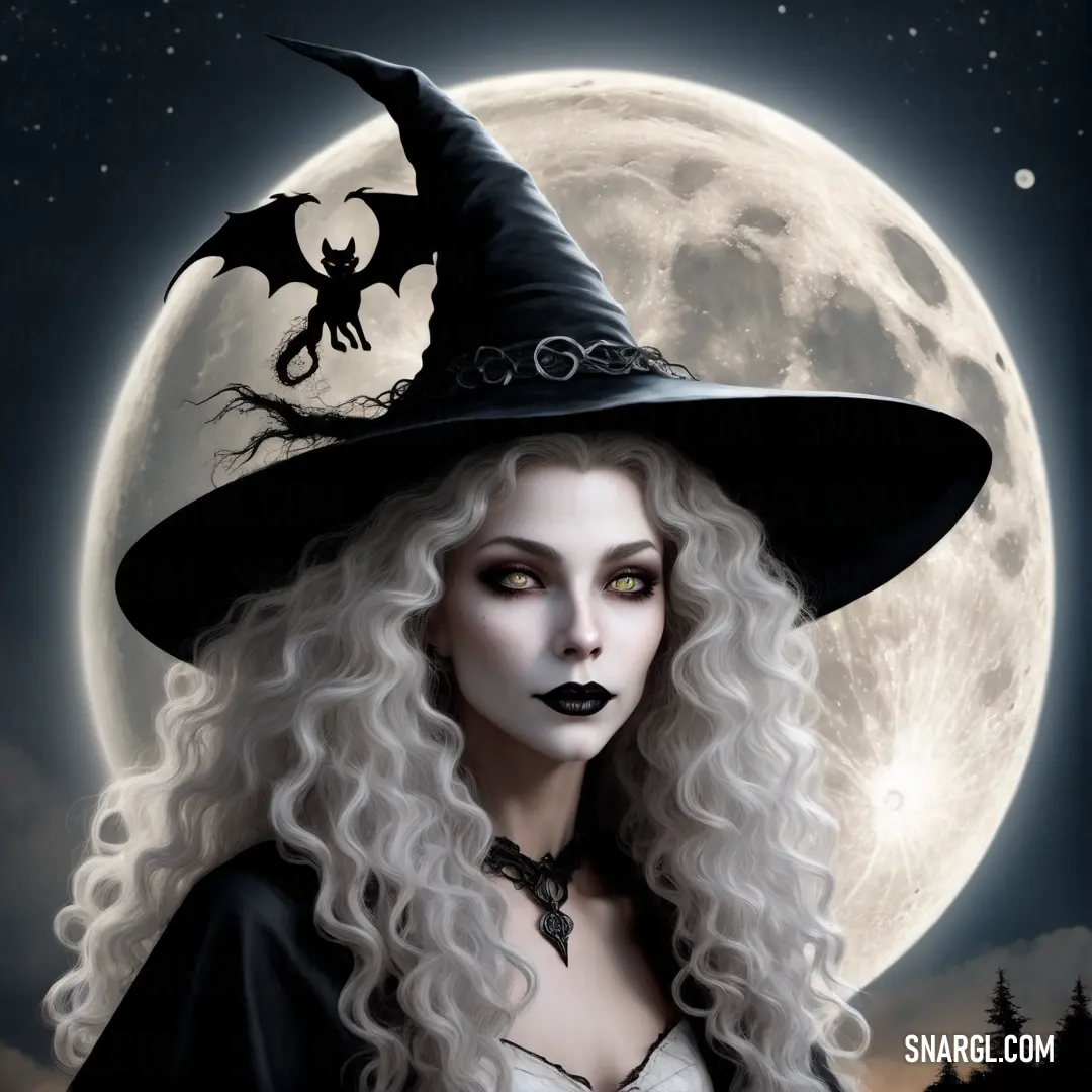 Woman with long white hair wearing a witches hat and a black dress. Example of NCS S 1005-R50B color.