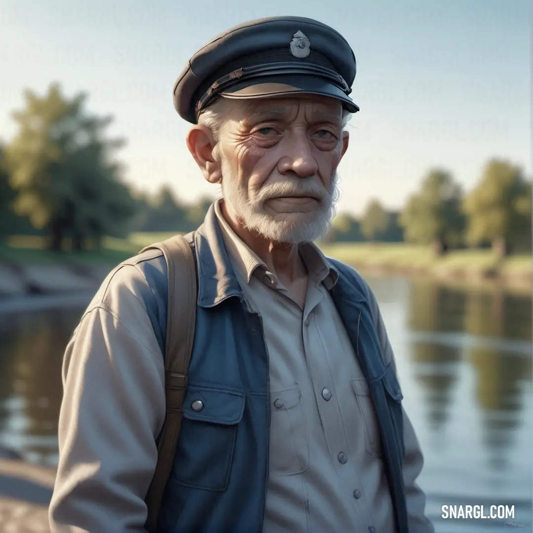 NCS S 1005-R60B color. Old man wearing a hat standing next to a river in a park or park area with a lake in the background