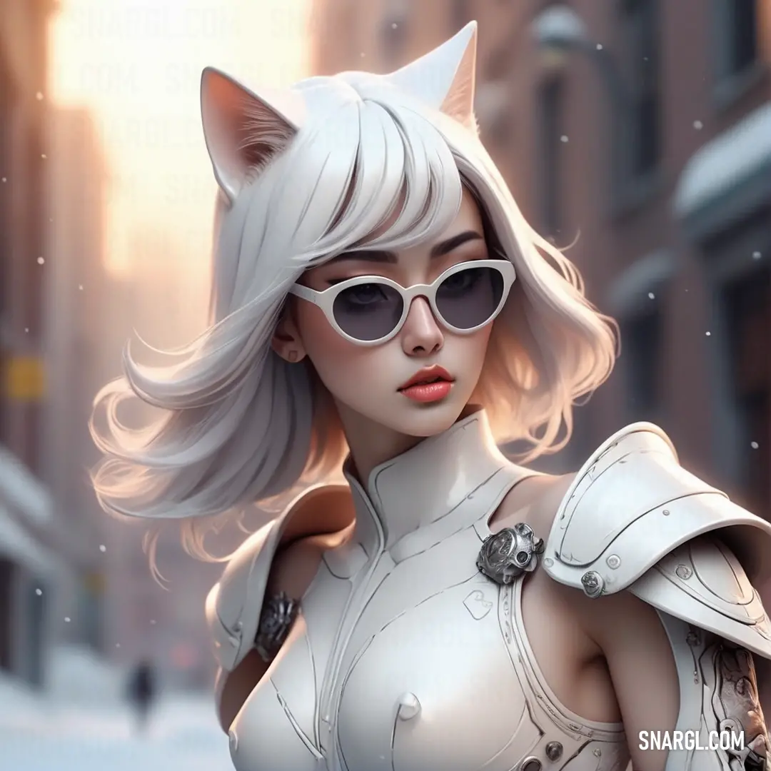 Woman in a cat suit and sunglasses in the snow with a cat ears on her head. Example of NCS S 1005-R70B color.