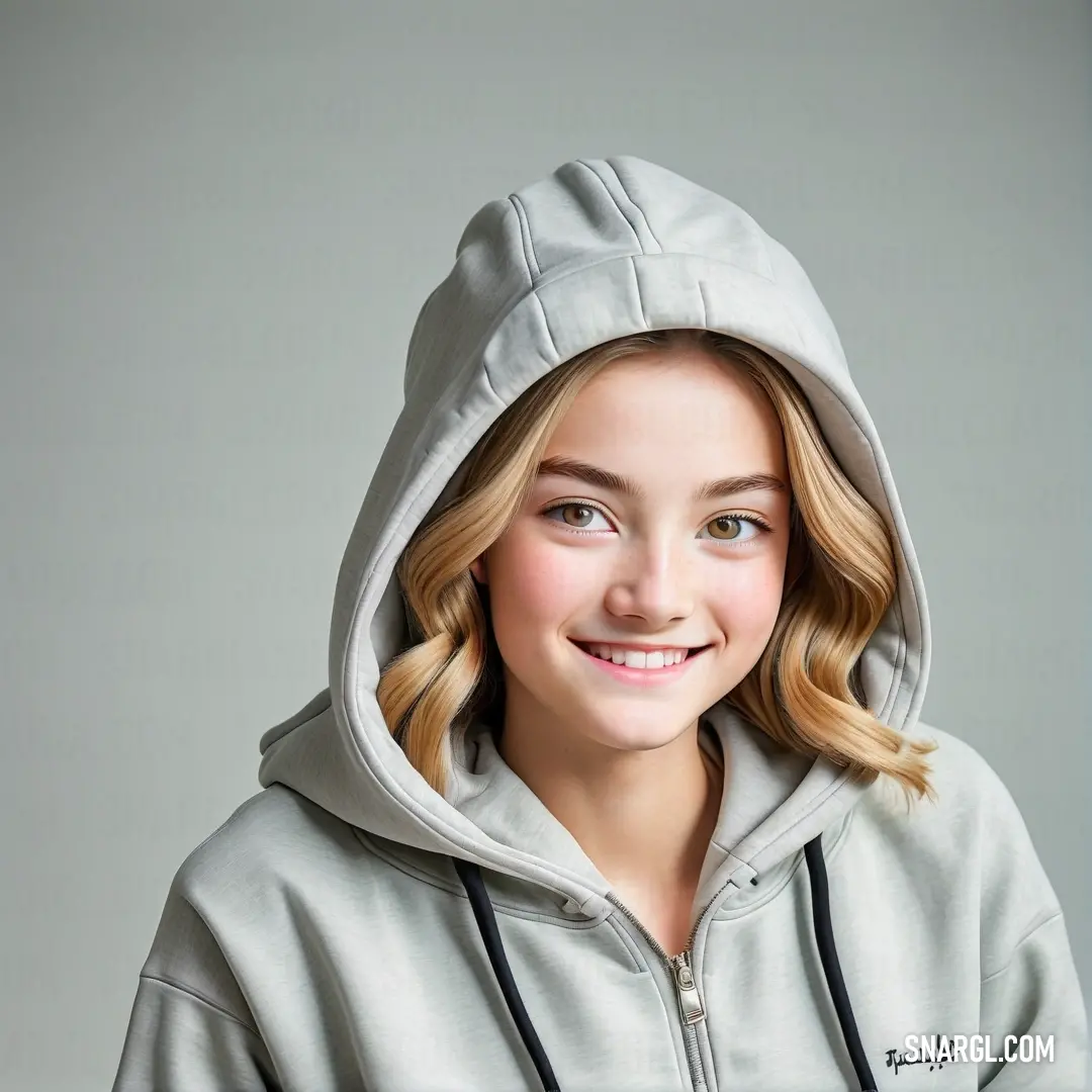 Young woman with blonde hair wearing a gray hoodie and smiling at the camera with a smile on her face. Color #E5E8ED.